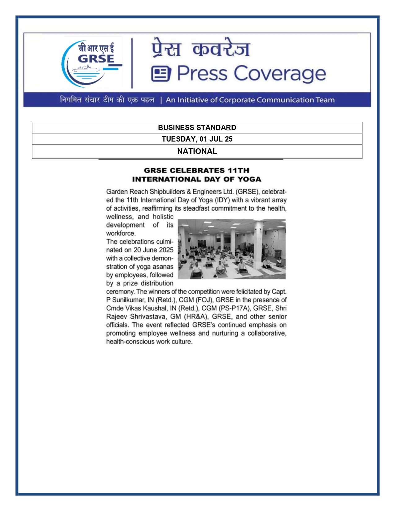 Press Coverage :  GRSE celebrates 11th International Day of Yoga